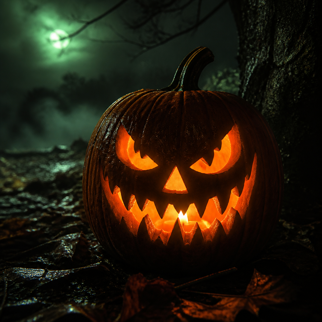Glowing carved Halloween pumpkin at night