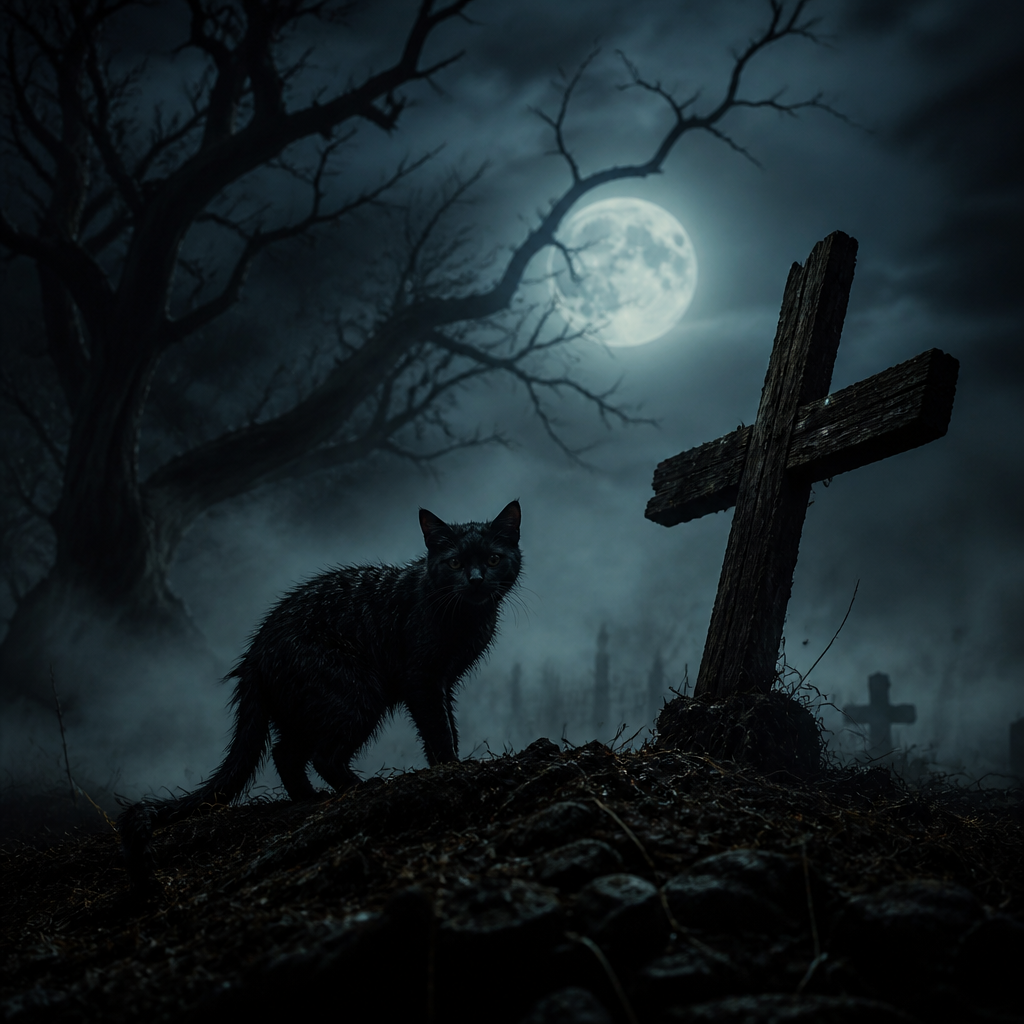 Dark cat silhouette by a crooked wooden cross grave marker under moonlight, Pet Sematary inspired
